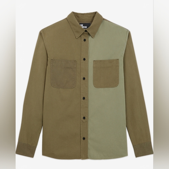 The Kooples Two-Tone Patchwork Cotton Denim Shirt Front Pockets Khaki Olive Sz S - Picture 8 of 11